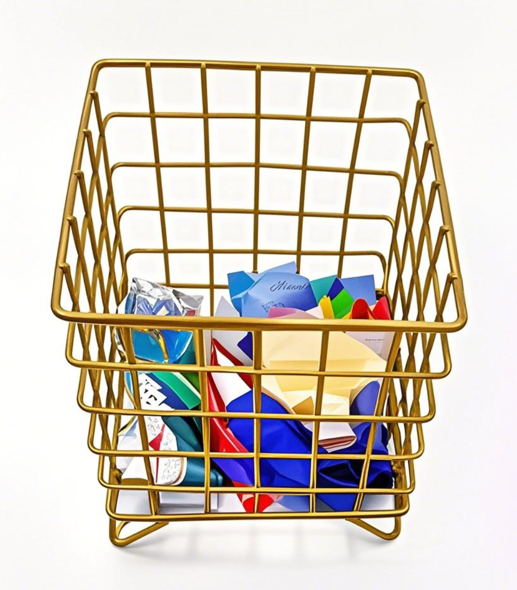 A golden wire basket with colorful items A golden wire basket with colorful items