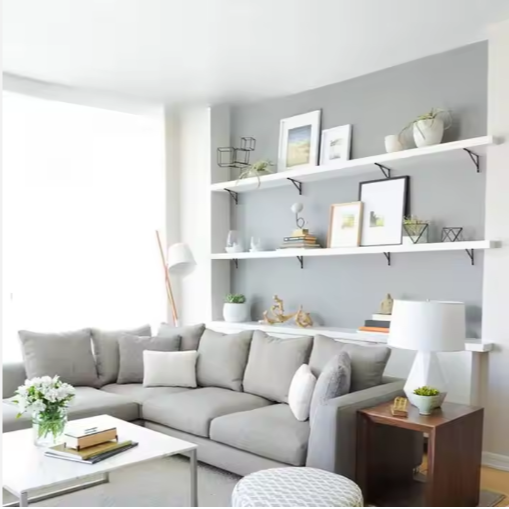 Living room with shelves and decorations. Living room with shelves and decorations.