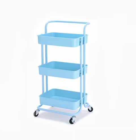 Blue three - tier rolling cart.