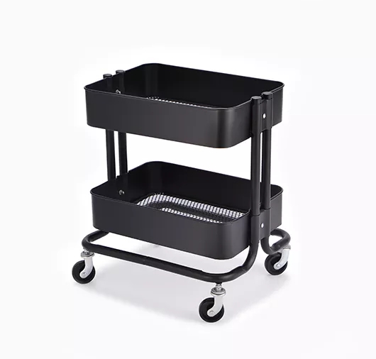 Black two - tier cart with wheels.