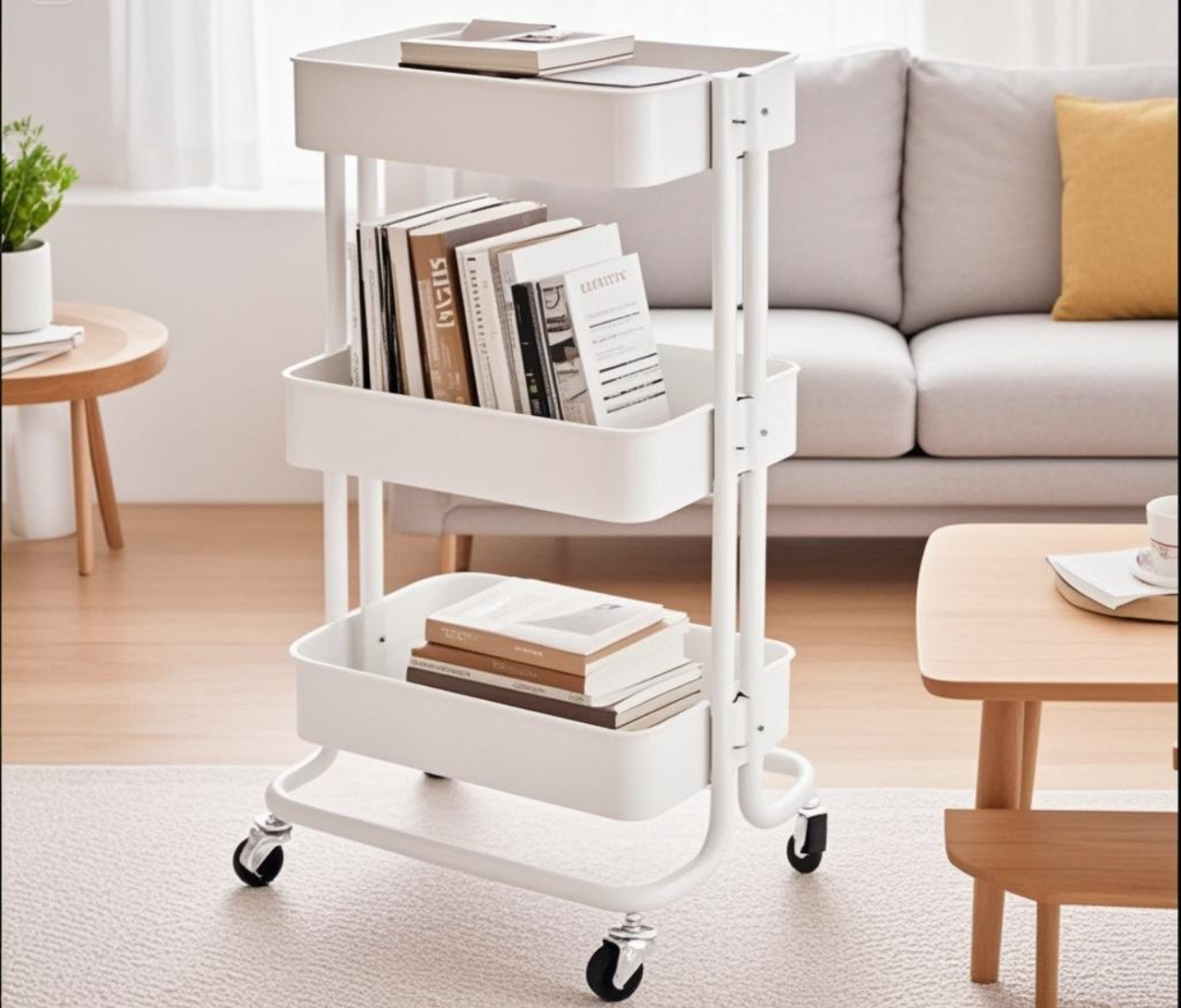 White three - tier cart with books.