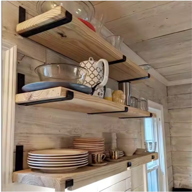 Shelves with various kitchen items.