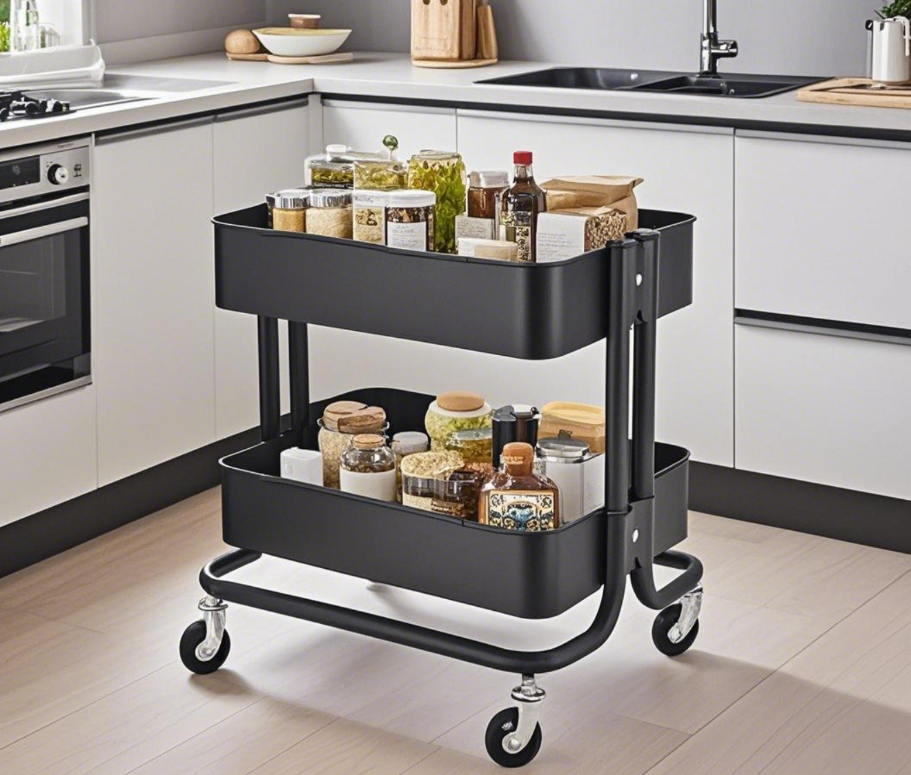 Black two - tier cart in kitchen.