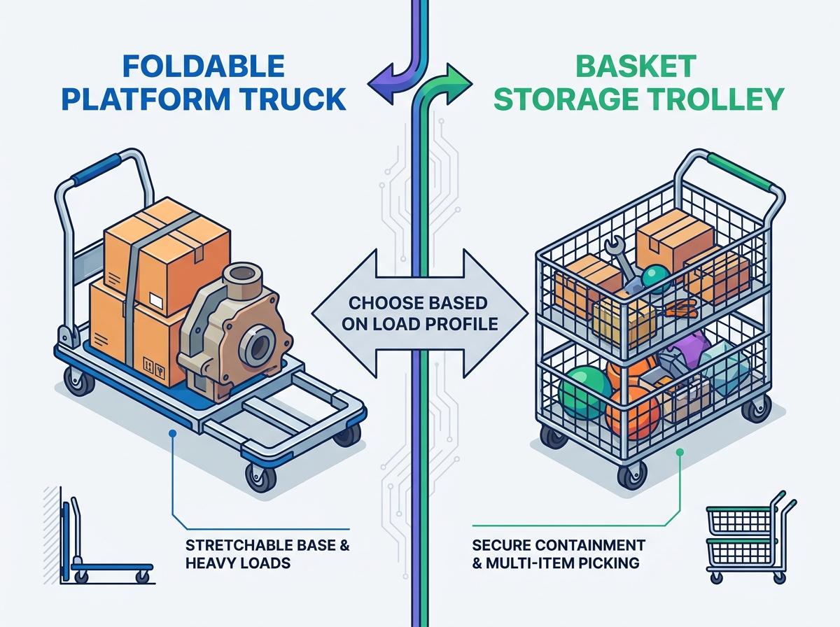 Foldable platform trucks in a commercial handling environment