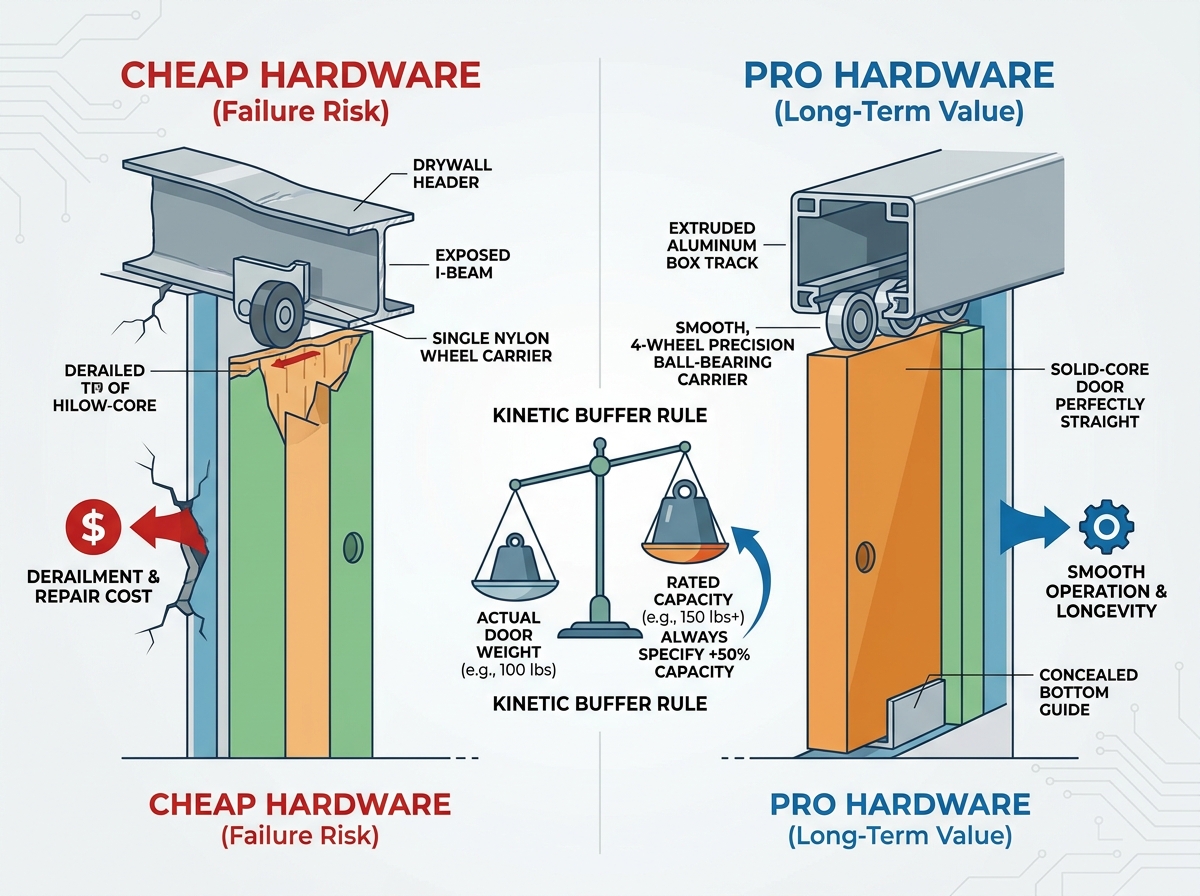Pocket door hardware track and roller system